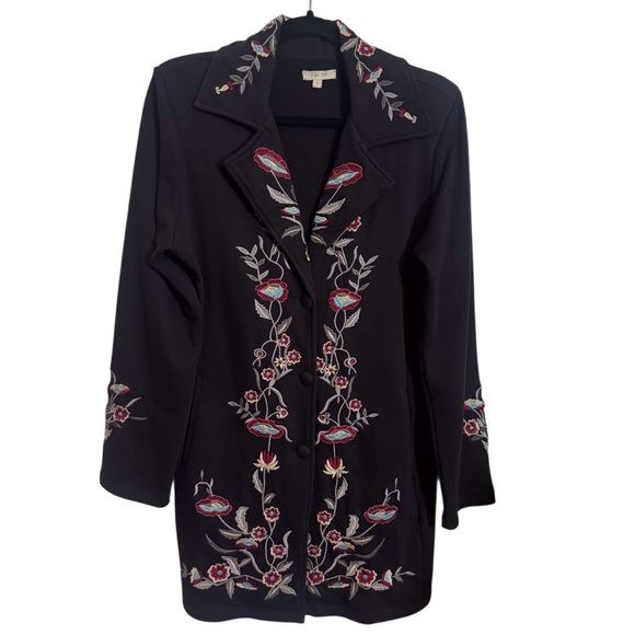 Kyla Seo Small Black Embroidered Floral Jacket Coat Boho Peasant Boho Button Up